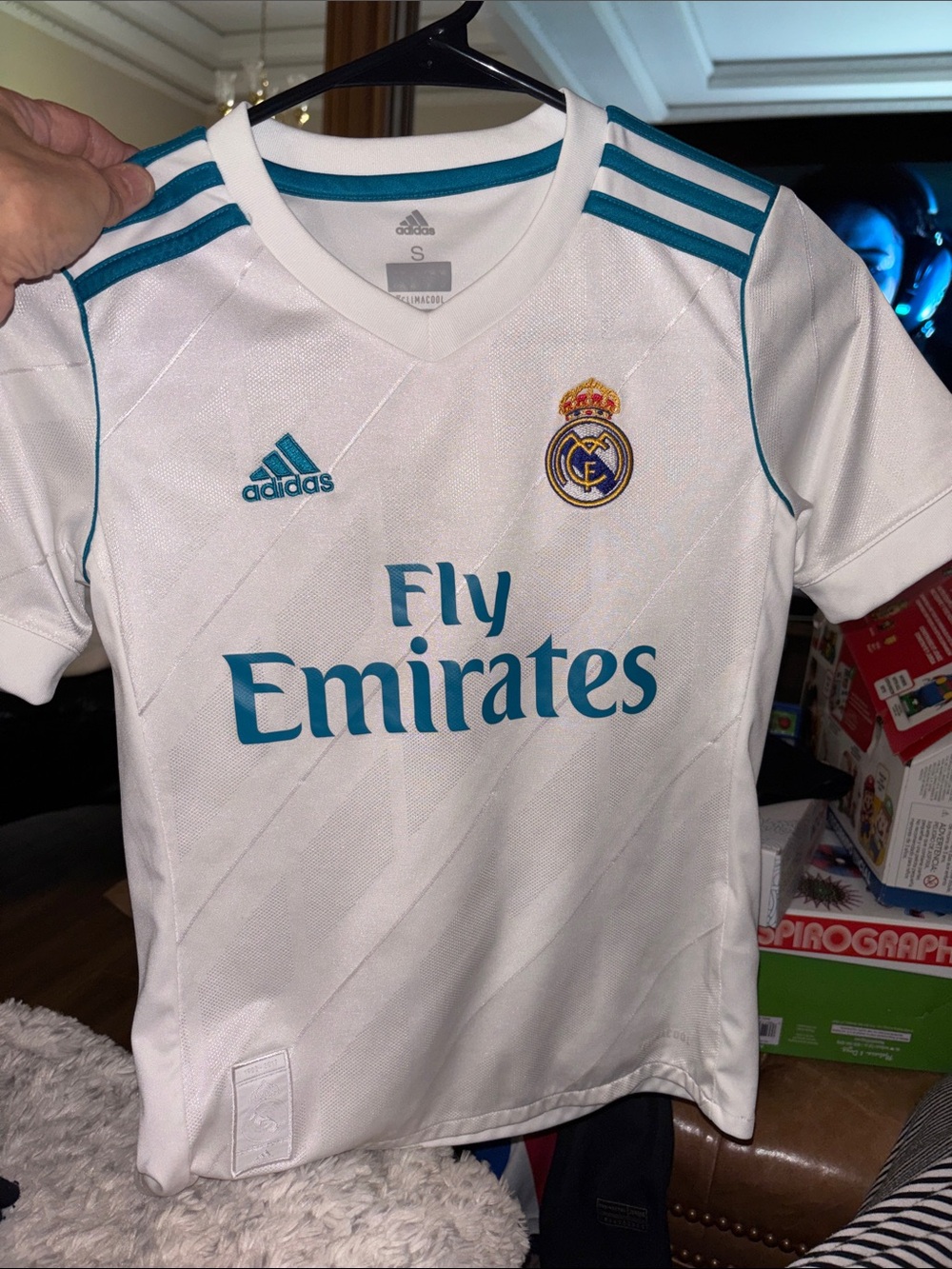 adidas White & Teal Real Madrid Kids Soccer Jersey